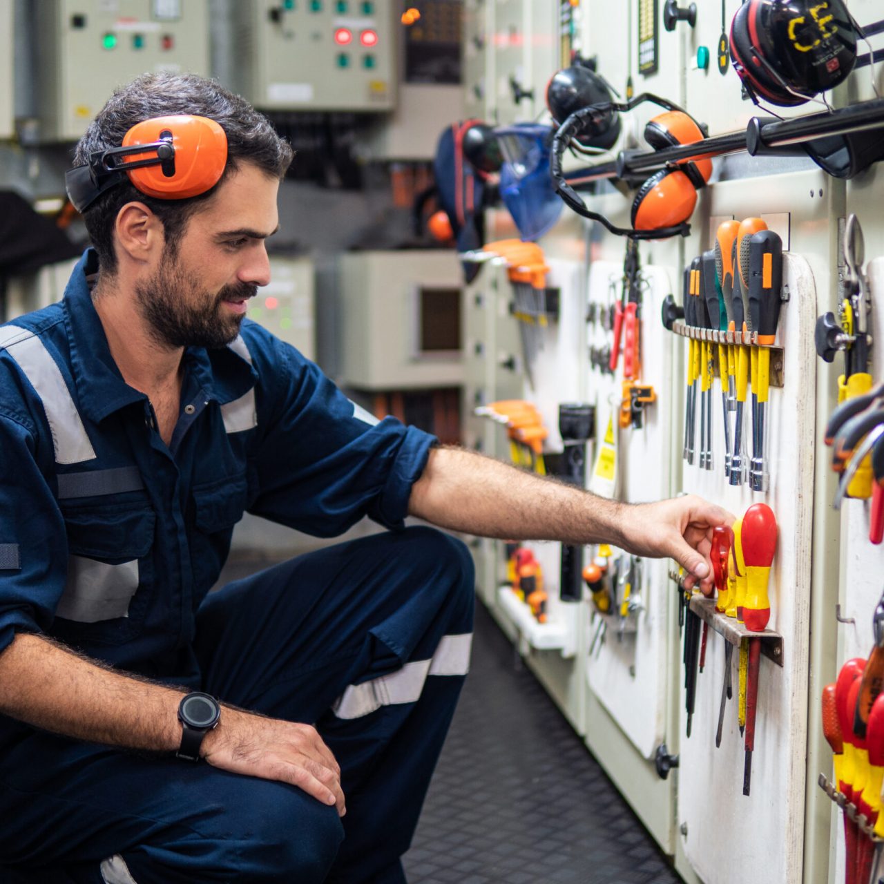 Caucasian marine engineer officer in engine control room ECR. He works in workshop and chooses correct tools and equipment